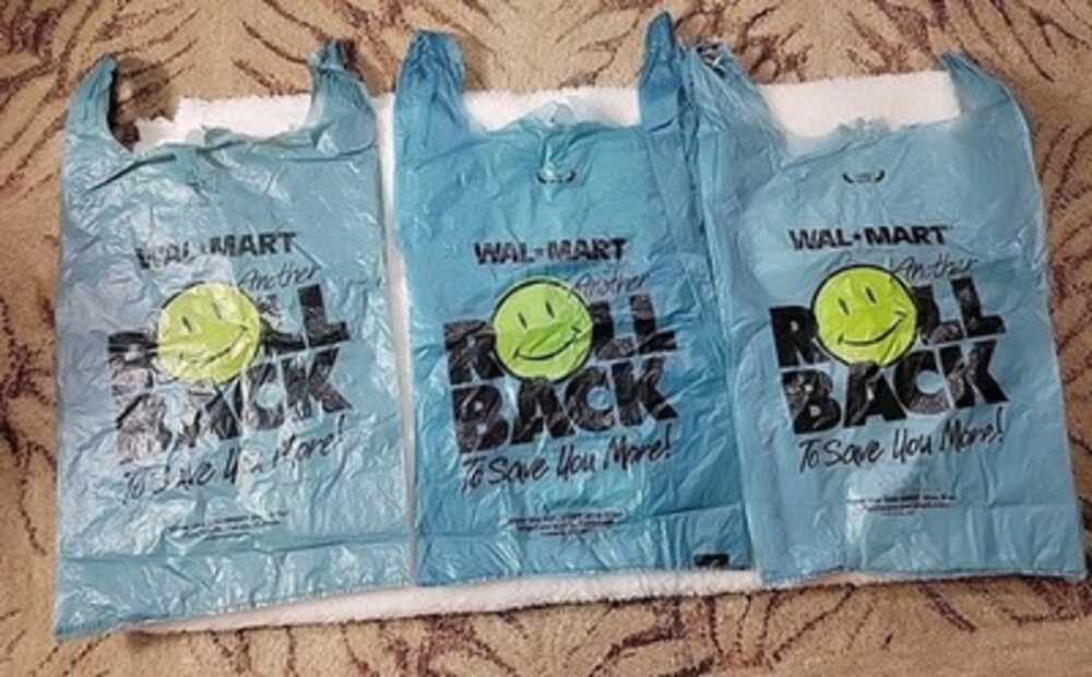 Three Vintage Walmart Blue Plastic Bag Roll Back Smiley Face 2000 Y2K Set of 3